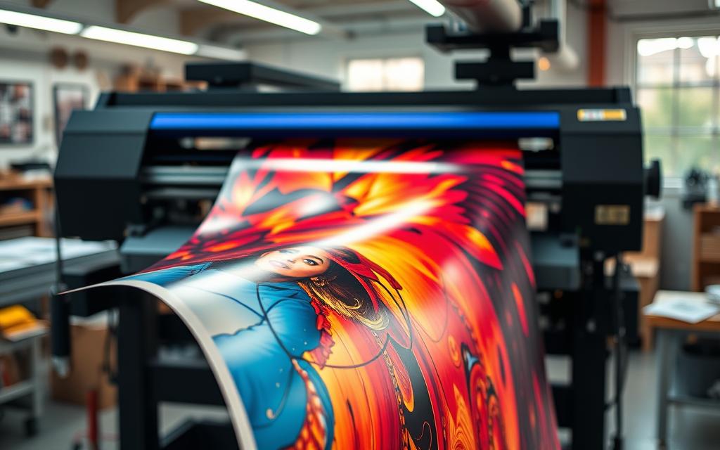 Impressora grande formato imprimindo banner